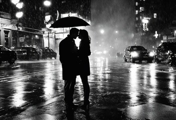 Romantic couple kissing in the rain in New York at night - 654404678