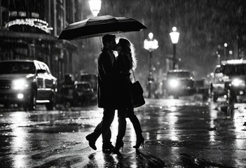 Romantic couple kissing in the rain in New York at night - 654404688