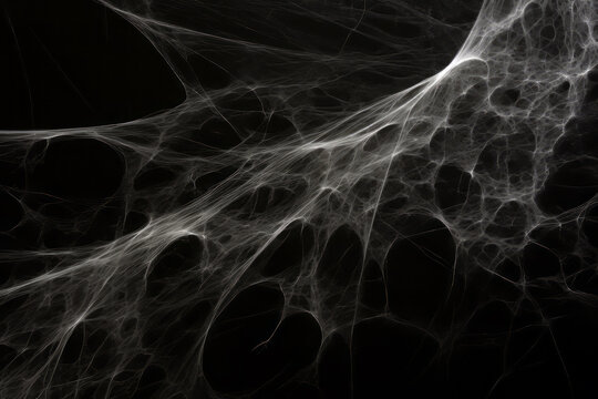 halloween, decoration and horror concept - decoration of artificial spider web over black background