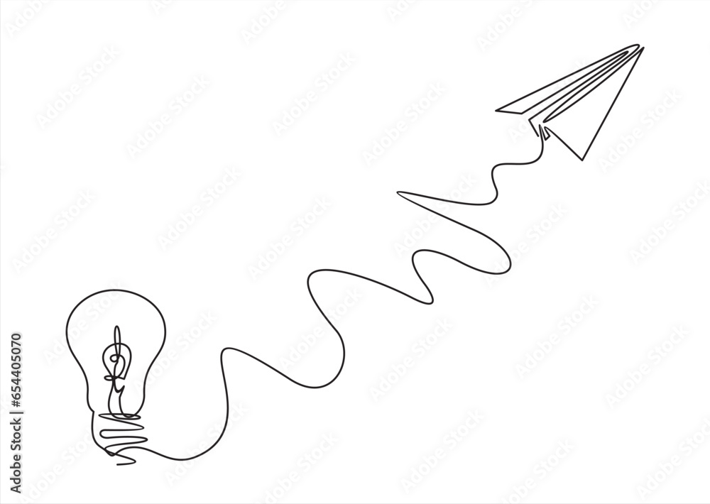 Poster paper plane flying up connected with light bulb in one continuous line drawing. airplane in outline 