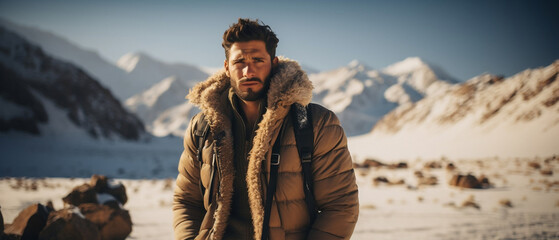 arab male model on the top of the mountain in winter - obrazy, fototapety, plakaty