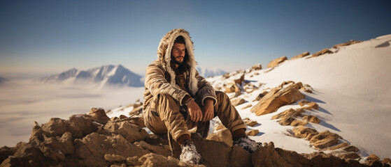arab male model on the top of the mountain in winter