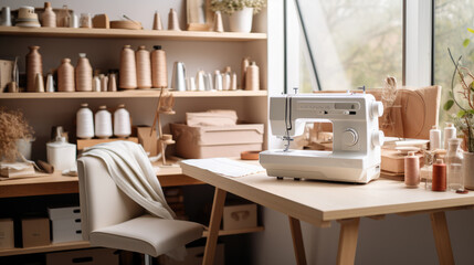 Sewing machine on table in tailor workshop.