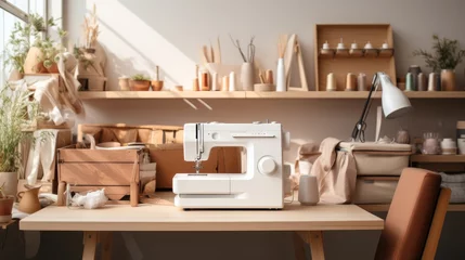Fotobehang Sewing machine on table in tailor workshop. © visoot