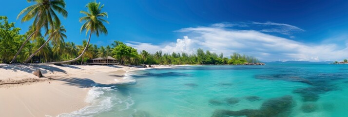 Fototapeta na wymiar Sandy tropical beach with island on background,, Generative AI