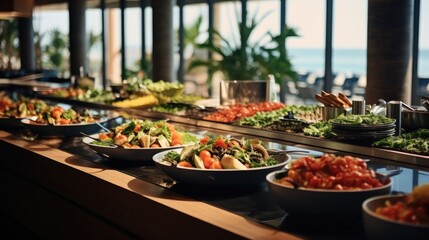 Salad bar with fresh vegetables in hotel buffet, Buffet table.