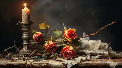 Romantic still life with lit candle and dried flowers. AI generated - obrazy, fototapety, plakaty