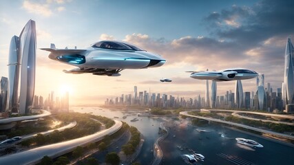 Modern city with flying cars