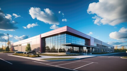 Fototapeta na wymiar Modern industrial warehouse distribution building and parking lot under beautiful cloudy sky.