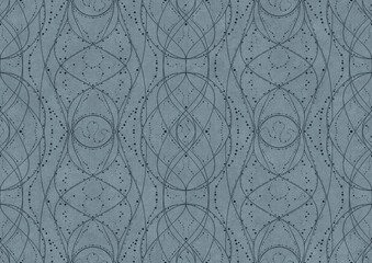 Hand-drawn unique abstract symmetrical seamless ornament. Dark blue on a light blue background. Paper texture. Digital artwork, A4. (pattern: p10-2b)
