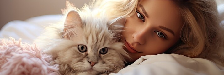 Portrait of young boy holding cute siberian cat with green eyes. male hugging her cute long hair kitty. Background, copy space, close up. Adorable domestic pet concept , Generative AI - obrazy, fototapety, plakaty