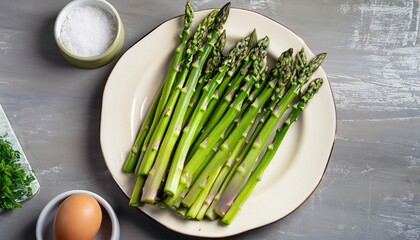 asparagus on a plate, High angle view of a bunch of fresh green asparagus on a plate - obrazy, fototapety, plakaty