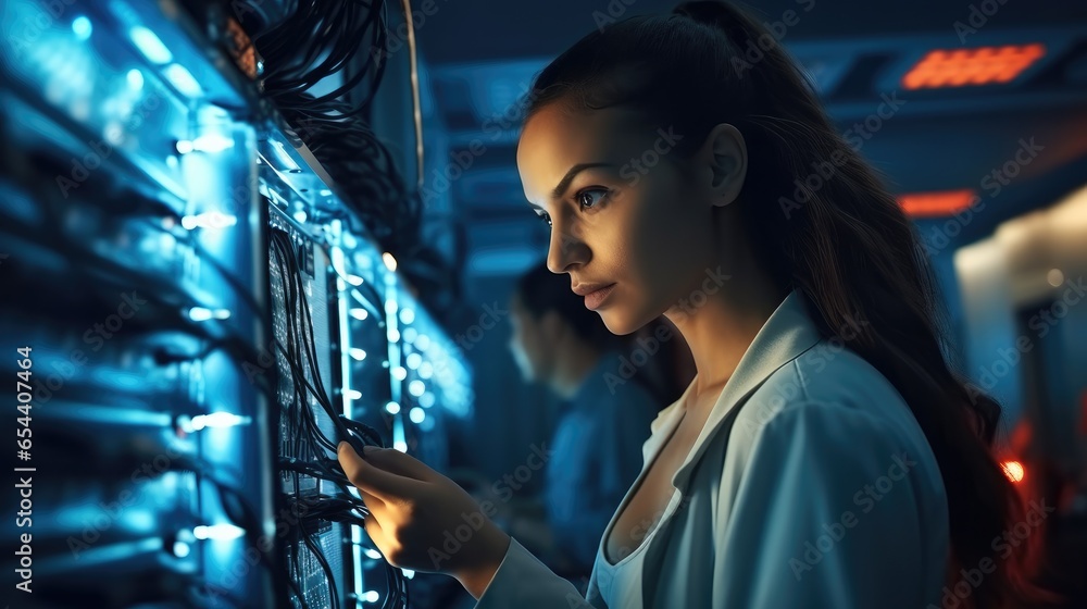 Poster it engineer female checking servers in big data center.