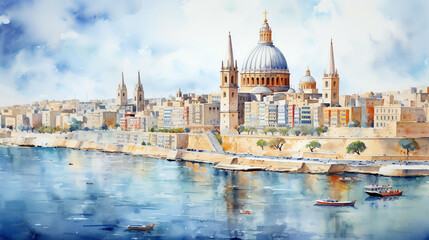 watercolor landscape Malta - obrazy, fototapety, plakaty