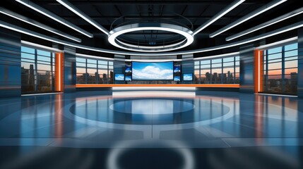 Television studio, Studio news with a large screen in the middle, Tv news studio.