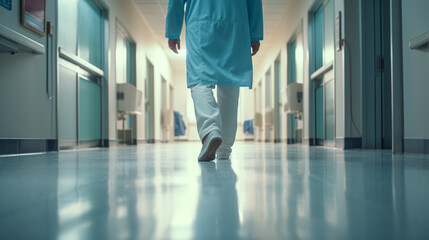 the doctor walks along the hospital corridor. ai generative - obrazy, fototapety, plakaty
