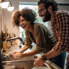 couple having wonderful time while washing dishes together. Kitchen, housework, home, relationship - obrazy, fototapety, plakaty