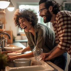 couple having wonderful time while washing dishes together. Kitchen, housework, home, relationship