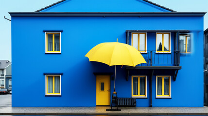 Vibrant blue building with contrasting yellow umbrella and windows. AI generated