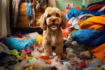 Happy dog make mess in living room. Naughty pet damaged apartment - obrazy, fototapety, plakaty