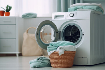 Laundry room with washing machine and dirty clothes in basket. Daily routine and chores