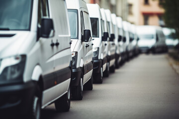 Row of white delivery vans. Commercial freight transportation. - obrazy, fototapety, plakaty