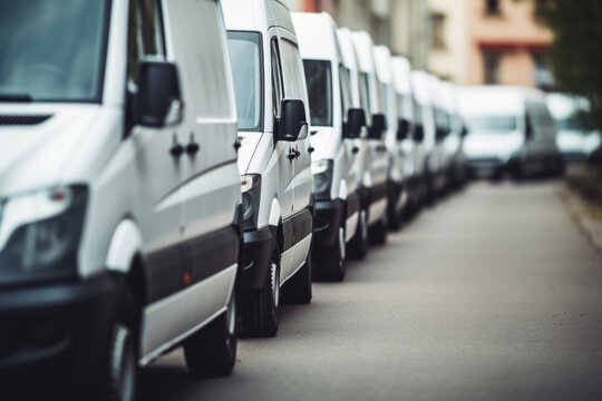 Row Of White Delivery Vans. Commercial Freight Transportation.