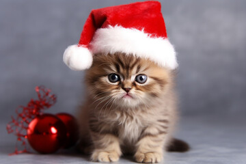 cute small kitten wearing glasses and santa hat, generative ai
