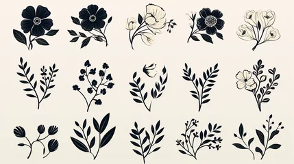Fotobehang Botanical Illustrations in Monochrome, collection of botanical illustrations in monochrome, displaying the delicate details of various flowers and plants © Viktorikus