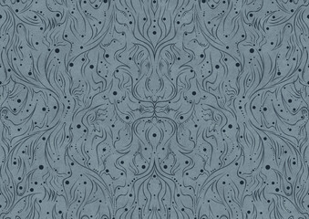 Hand-drawn unique abstract symmetrical seamless ornament. Dark blue on a light blue background. Paper texture. Digital artwork, A4. (pattern: p11-2a)