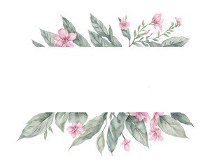 Watercolor banner of pink flowers and leaves on transparent background