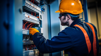 young male electrician working on an electrical panel. AI generative