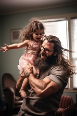 Fototapeta na wymiar Father with long hair and beard twists and has with his daughter playing