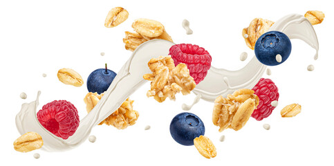Falling granola with milk splash and berries isolated on white background