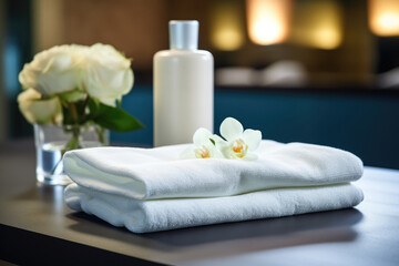 Fototapeta na wymiar White towels with jars of cream in the interior of the spa salon