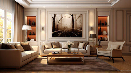 Modern living room featuring traditional interior design with stylish sofa, wall, table, artwork and beautiful decor