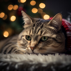 photograph of a christmas themed cat f1.6, generative ai