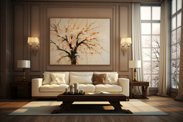 Modern living room featuring traditional interior design with stylish sofa, wall, table, artwork and beautiful decor