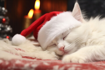 a cute white cat in a festive santa hat snoozes comforta, generative ai