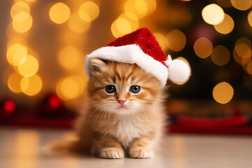 Obraz na płótnie Canvas cute little kitten in santa hat on christmas background., generative ai