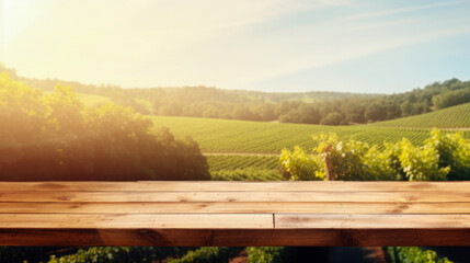 Naklejka na ściany i meble Wooden table in front of vineyard