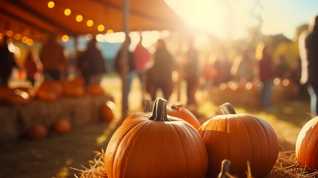 Thanksgiving day concept. Pumpkins on festival  field at sunny day. ai generated