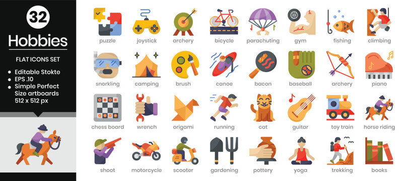 Hobbies (flat) icons set. The collection includes icons from various aspects related to hobbies and leisure, from business and development to, web design, app design, logos, and more.