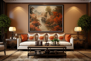 Modern living room featuring traditional interior design with stylish sofa, wall, table, artwork and beautiful decor