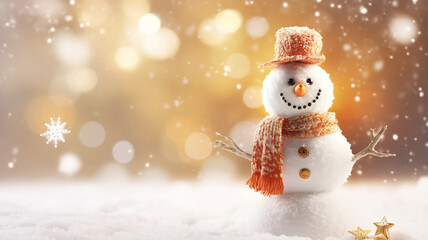 snowman decorated for christmas, small snowman figurine on a snowy background, happy snowman for winter holidays christmas tree and lights in the background, bokeh, raining light, snow and snowflakes