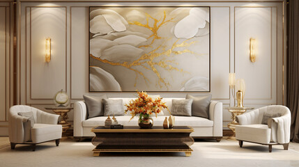 Modern living room featuring traditional interior design with stylish sofa, wall, table, artwork and beautiful decor