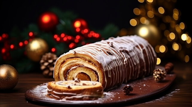 christmas log, traditional christmas cake, buche de noel, chocolate, pastry, decorated with christmas themed elements, family meal and tradition, on a black backgruond, food picture