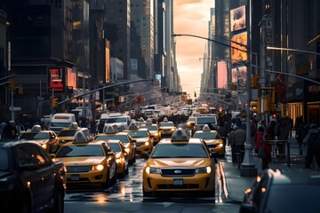A bustling New York City street at rush hour.