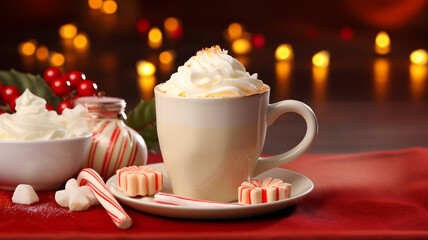 Obraz premium Christmas hot beverage with whipped cream on top, candies and sugar decoration, christmas tree in the back, light and ornament, cocoa, coffee, chocolate