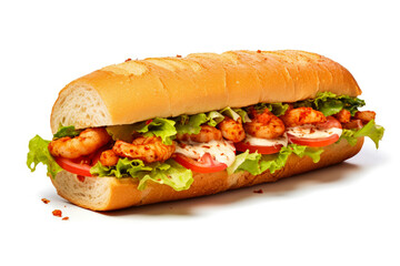 sandwich with lettuce and shrimp on white background